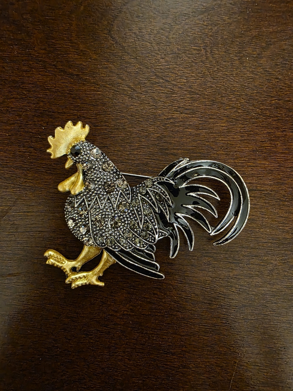 Rhinestone Rooster Brooch in Gold and Black